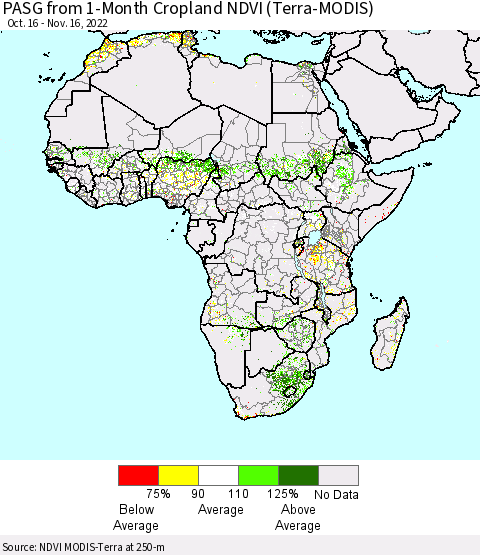 Africa PASG from 1-Month Cropland NDVI (Terra-MODIS) Thematic Map For 11/9/2022 - 11/16/2022