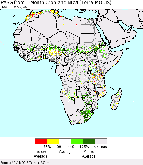Africa PASG from 1-Month Cropland NDVI (Terra-MODIS) Thematic Map For 11/25/2022 - 12/2/2022