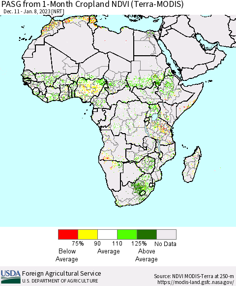 Africa PASG from 1-Month Cropland NDVI (Terra-MODIS) Thematic Map For 1/1/2023 - 1/10/2023