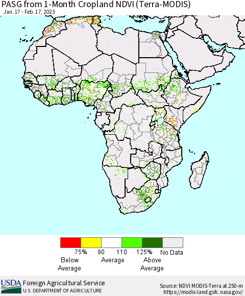 Africa PASG from 1-Month Cropland NDVI (Terra-MODIS) Thematic Map For 2/11/2023 - 2/20/2023