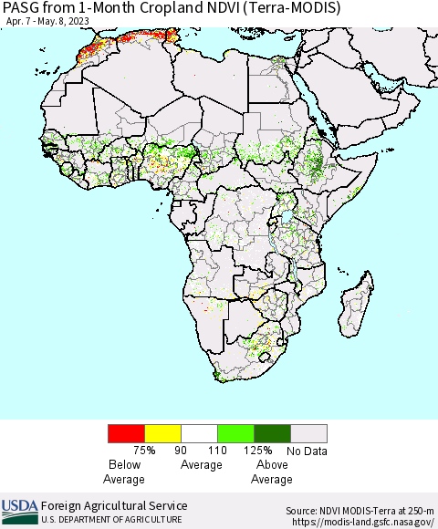Africa PASG from 1-Month Cropland NDVI (Terra-MODIS) Thematic Map For 5/1/2023 - 5/10/2023