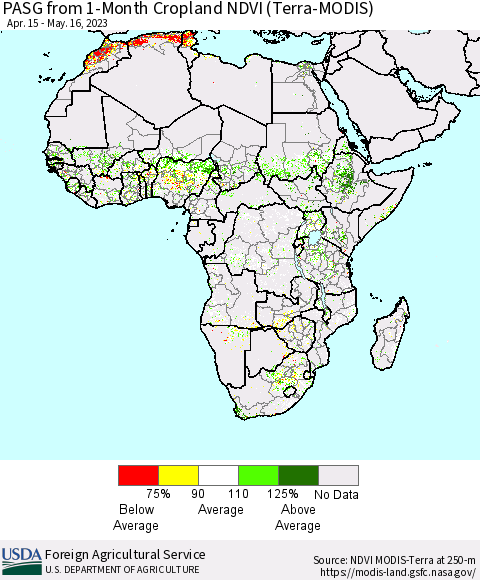 Africa PASG from 1-Month Cropland NDVI (Terra-MODIS) Thematic Map For 5/11/2023 - 5/20/2023