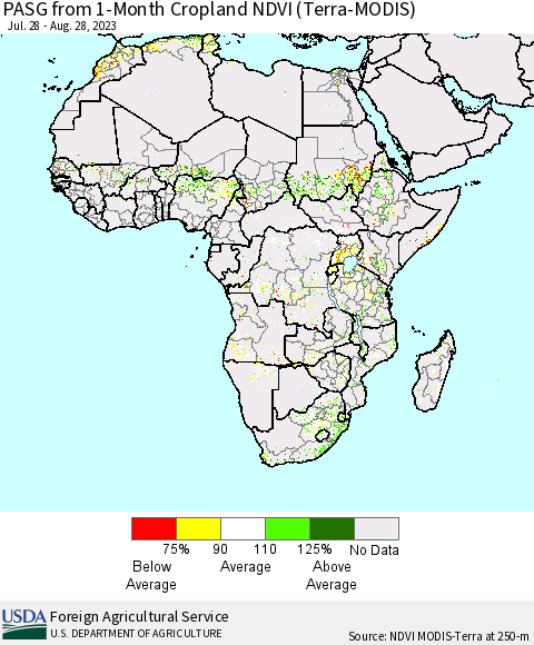 Africa PASG from 1-Month Cropland NDVI (Terra-MODIS) Thematic Map For 8/21/2023 - 8/31/2023