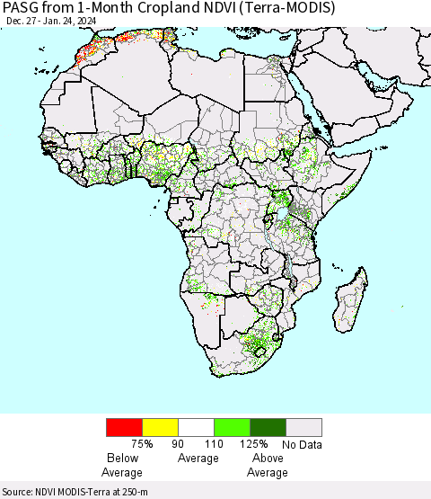 Africa PASG from 1-Month Cropland NDVI (Terra-MODIS) Thematic Map For 1/17/2024 - 1/24/2024