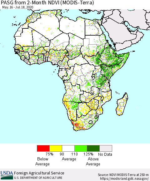 Africa PASG from 2-Month NDVI (Terra-MODIS) Thematic Map For 7/11/2020 - 7/20/2020