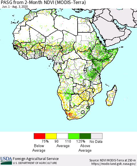 Africa PASG from 2-Month NDVI (Terra-MODIS) Thematic Map For 8/1/2020 - 8/10/2020