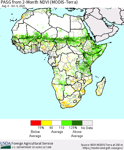 Africa PASG from 2-Month NDVI (Terra-MODIS) Thematic Map For 10/1/2020 - 10/10/2020