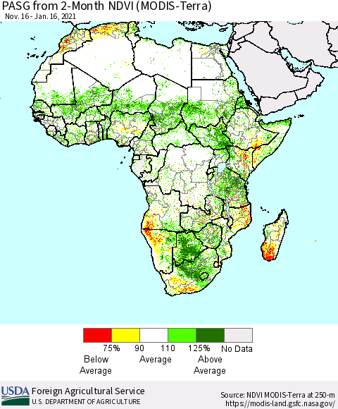 Africa PASG from 2-Month NDVI (Terra-MODIS) Thematic Map For 1/11/2021 - 1/20/2021