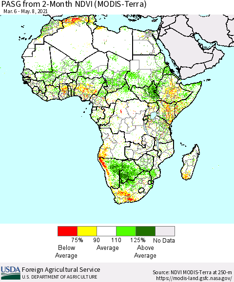 Africa PASG from 2-Month NDVI (Terra-MODIS) Thematic Map For 5/1/2021 - 5/10/2021