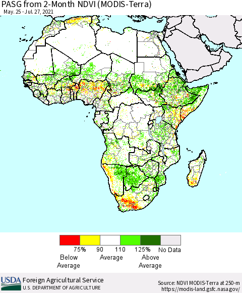 Africa PASG from 2-Month NDVI (Terra-MODIS) Thematic Map For 7/21/2021 - 7/31/2021