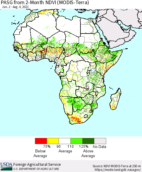 Africa PASG from 2-Month NDVI (Terra-MODIS) Thematic Map For 8/1/2021 - 8/10/2021