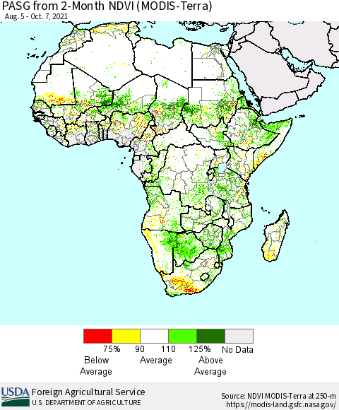 Africa PASG from 2-Month NDVI (Terra-MODIS) Thematic Map For 10/1/2021 - 10/10/2021