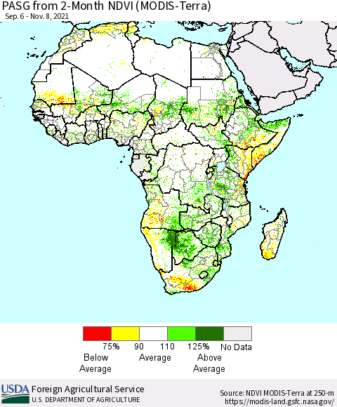 Africa PASG from 2-Month NDVI (Terra-MODIS) Thematic Map For 11/1/2021 - 11/10/2021