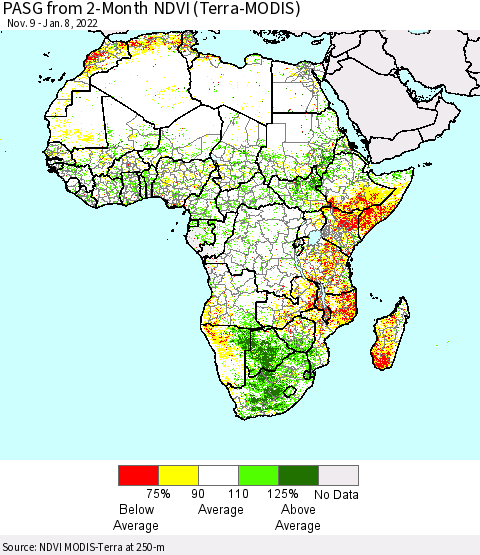 Africa PASG from 2-Month NDVI (Terra-MODIS) Thematic Map For 1/1/2022 - 1/8/2022
