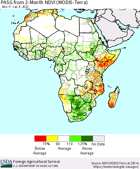 Africa PASG from 2-Month NDVI (Terra-MODIS) Thematic Map For 1/1/2022 - 1/10/2022