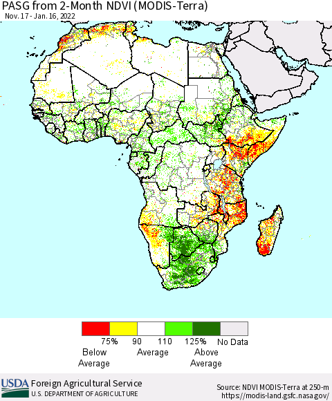 Africa PASG from 2-Month NDVI (Terra-MODIS) Thematic Map For 1/11/2022 - 1/20/2022