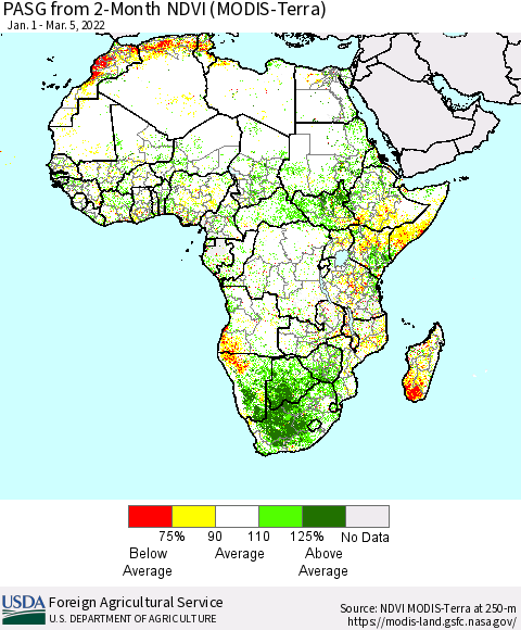 Africa PASG from 2-Month NDVI (Terra-MODIS) Thematic Map For 3/1/2022 - 3/10/2022