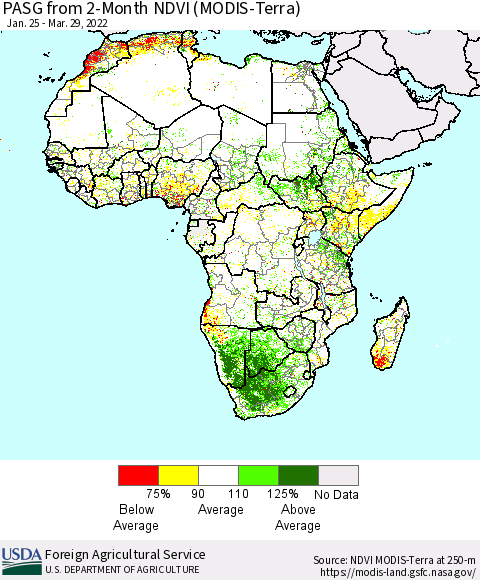Africa PASG from 2-Month NDVI (Terra-MODIS) Thematic Map For 3/21/2022 - 3/31/2022