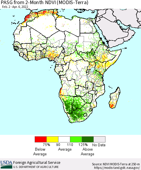 Africa PASG from 2-Month NDVI (Terra-MODIS) Thematic Map For 4/1/2022 - 4/10/2022