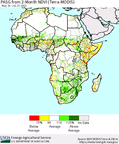Africa PASG from 2-Month NDVI (Terra-MODIS) Thematic Map For 7/21/2022 - 7/31/2022