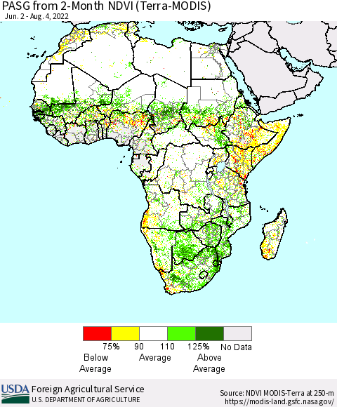 Africa PASG from 2-Month NDVI (Terra-MODIS) Thematic Map For 8/1/2022 - 8/10/2022