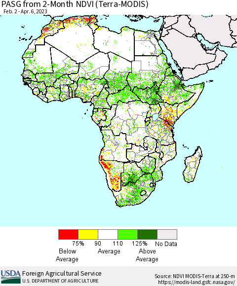 Africa PASG from 2-Month NDVI (Terra-MODIS) Thematic Map For 4/1/2023 - 4/10/2023