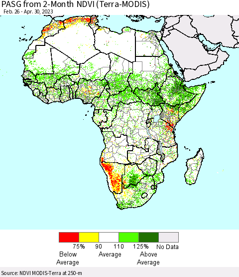 Africa PASG from 2-Month NDVI (Terra-MODIS) Thematic Map For 4/21/2023 - 4/30/2023