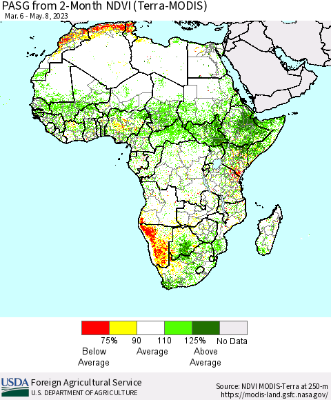 Africa PASG from 2-Month NDVI (Terra-MODIS) Thematic Map For 5/1/2023 - 5/10/2023