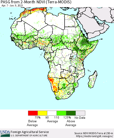 Africa PASG from 2-Month NDVI (Terra-MODIS) Thematic Map For 6/1/2023 - 6/10/2023