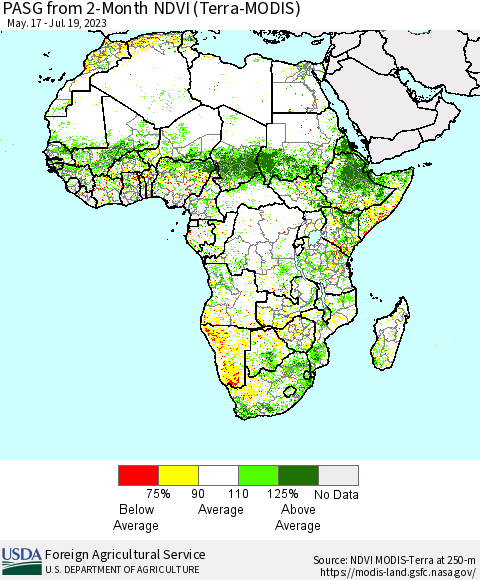 Africa PASG from 2-Month NDVI (Terra-MODIS) Thematic Map For 7/11/2023 - 7/20/2023