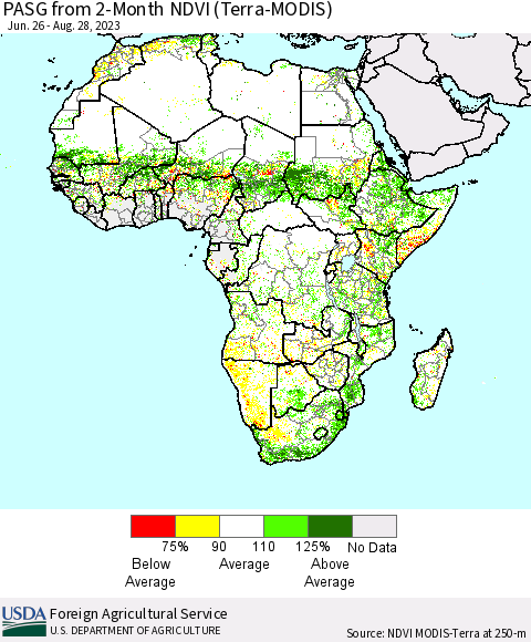 Africa PASG from 2-Month NDVI (Terra-MODIS) Thematic Map For 8/21/2023 - 8/31/2023