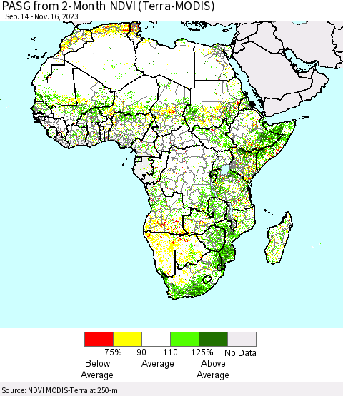 Africa PASG from 2-Month NDVI (Terra-MODIS) Thematic Map For 11/9/2023 - 11/16/2023