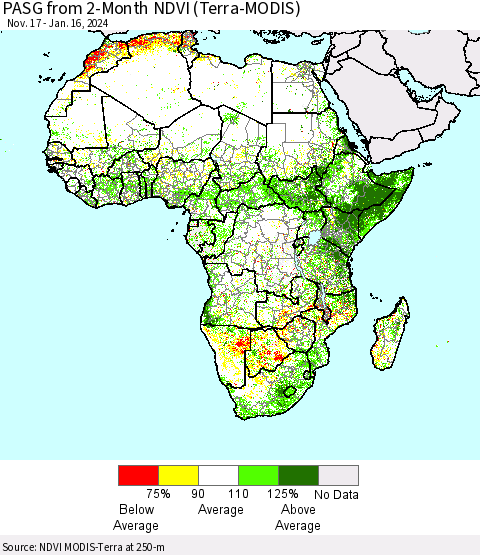 Africa PASG from 2-Month NDVI (Terra-MODIS) Thematic Map For 1/9/2024 - 1/16/2024