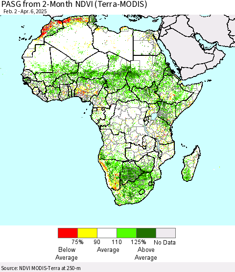 Africa PASG from 2-Month NDVI (Terra-MODIS) Thematic Map For 3/30/2025 - 4/6/2025