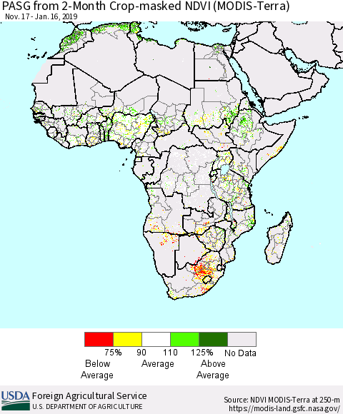 Africa PASG from 2-Month Cropland NDVI (Terra-MODIS) Thematic Map For 1/11/2019 - 1/20/2019