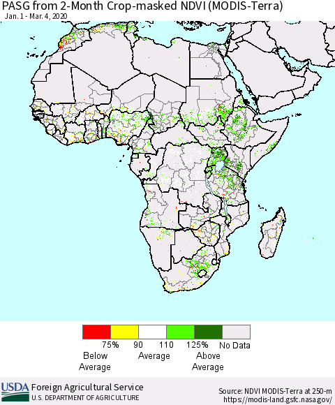 Africa PASG from 2-Month Cropland NDVI (Terra-MODIS) Thematic Map For 3/1/2020 - 3/10/2020