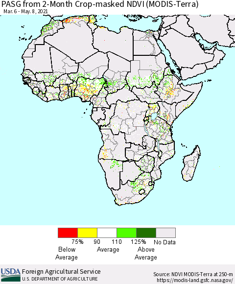 Africa PASG from 2-Month Cropland NDVI (Terra-MODIS) Thematic Map For 5/1/2021 - 5/10/2021