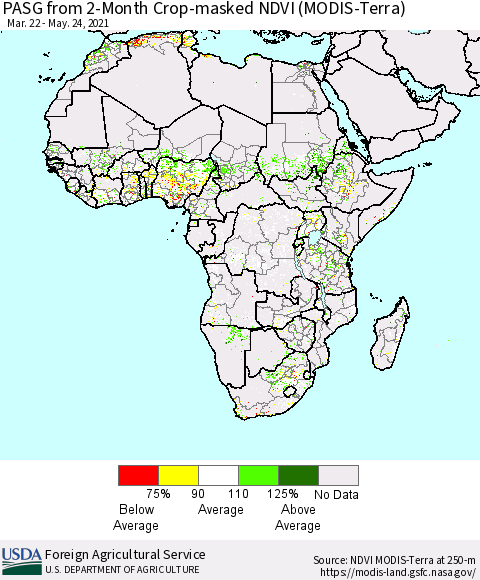 Africa PASG from 2-Month Cropland NDVI (Terra-MODIS) Thematic Map For 5/21/2021 - 5/31/2021