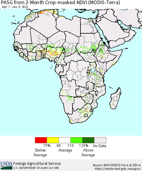 Africa PASG from 2-Month Cropland NDVI (Terra-MODIS) Thematic Map For 6/1/2021 - 6/10/2021
