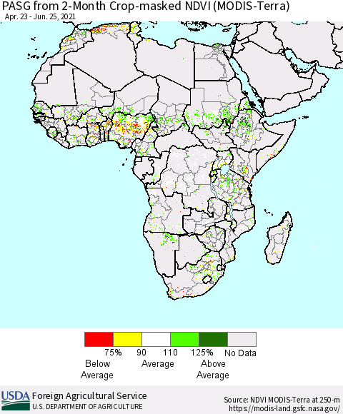 Africa PASG from 2-Month Cropland NDVI (Terra-MODIS) Thematic Map For 6/21/2021 - 6/30/2021