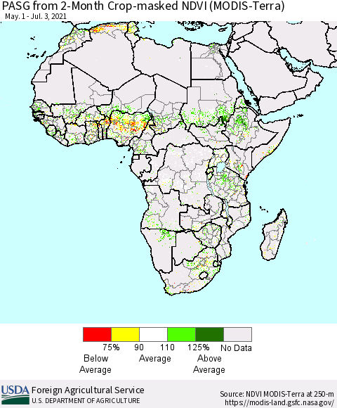 Africa PASG from 2-Month Cropland NDVI (Terra-MODIS) Thematic Map For 7/1/2021 - 7/10/2021