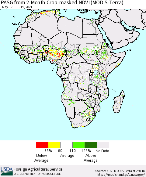 Africa PASG from 2-Month Cropland NDVI (Terra-MODIS) Thematic Map For 7/11/2021 - 7/20/2021