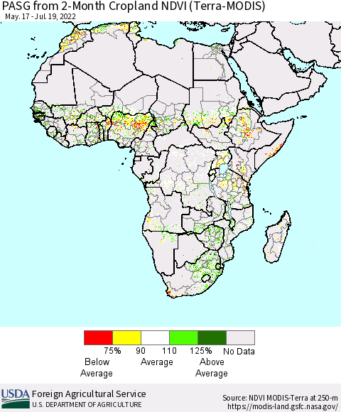Africa PASG from 2-Month Cropland NDVI (Terra-MODIS) Thematic Map For 7/11/2022 - 7/20/2022