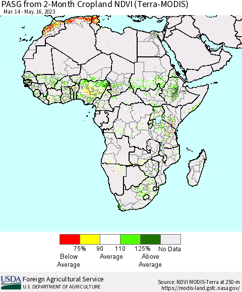 Africa PASG from 2-Month Cropland NDVI (Terra-MODIS) Thematic Map For 5/11/2023 - 5/20/2023