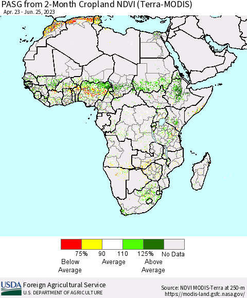 Africa PASG from 2-Month Cropland NDVI (Terra-MODIS) Thematic Map For 6/21/2023 - 6/30/2023