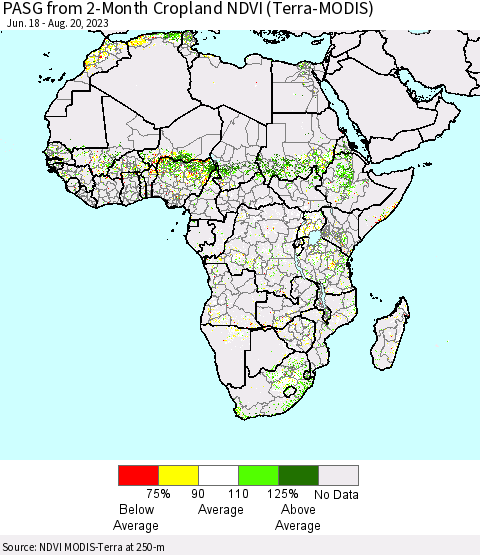 Africa PASG from 2-Month Cropland NDVI (Terra-MODIS) Thematic Map For 8/11/2023 - 8/20/2023