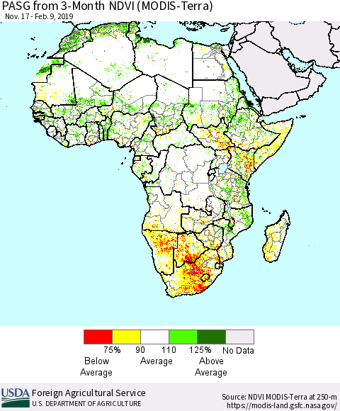 Africa PASG from 3-Month NDVI (Terra-MODIS) Thematic Map For 2/1/2019 - 2/10/2019
