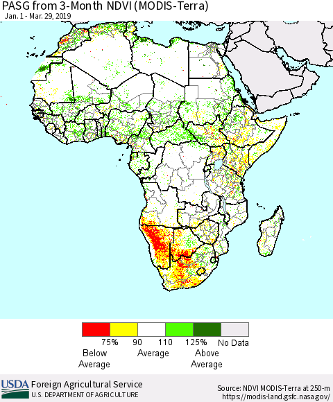 Africa PASG from 3-Month NDVI (Terra-MODIS) Thematic Map For 3/21/2019 - 3/31/2019