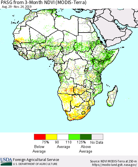 Africa PASG from 3-Month NDVI (Terra-MODIS) Thematic Map For 11/21/2019 - 11/30/2019