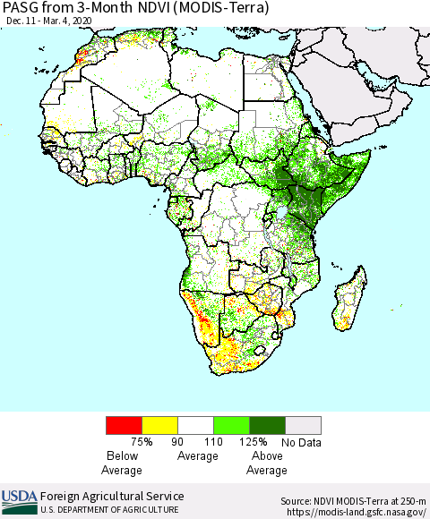 Africa PASG from 3-Month NDVI (Terra-MODIS) Thematic Map For 3/1/2020 - 3/10/2020